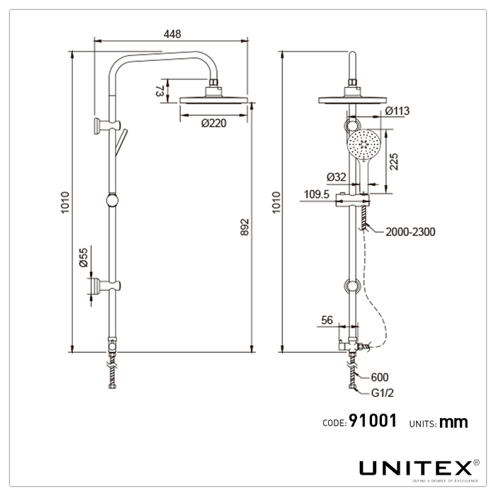 Columna de Ducha de 2 salidas: ducha fija y ducha teléfono. 91001 - Unitex Store