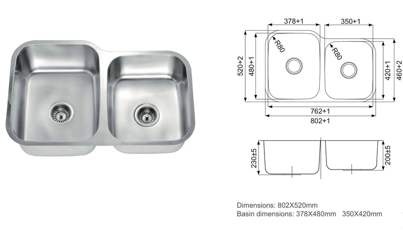 Lavaplatos Doble de Acero Inoxidable (802 x 520 x 230 mm) ES301816R - Unitex Store