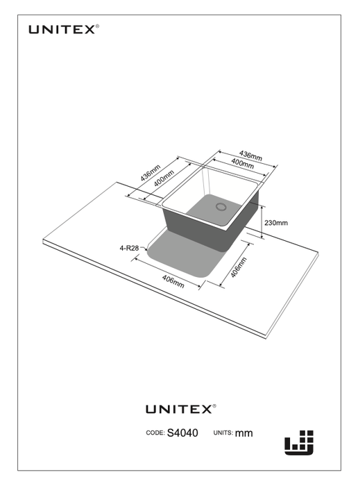 Lavaplatos de Acero Inoxidable (436 x 436 x 230mm) S4040 - Unitex Store