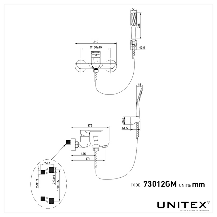 Monomando Tina - Ducha Gun metal mural 73012GM - Unitex Store