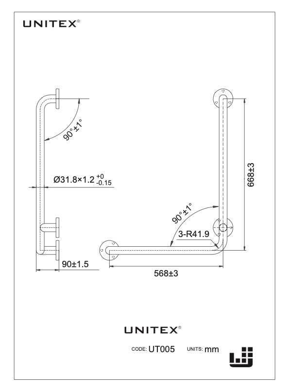 Barra de apoyo con ángulo de 90° a 3 puntos UT.005 - Unitex Store